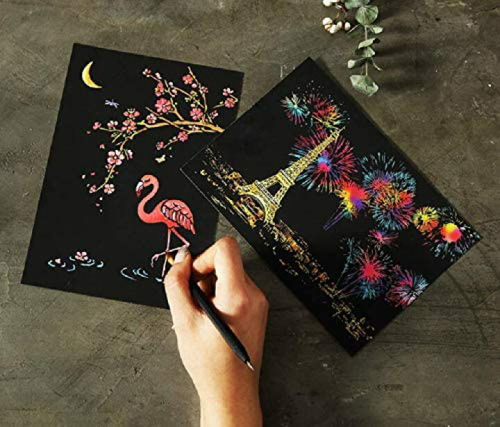 楽天市場 8枚セット スクラッチアート カラフラ ペーパーアート 削るだけで美しいアート 世界的に有名な観光 夜景 花火 面白い 塗り絵 ス Lavett