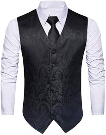 黒 スーツベスト メンズ ブラック 柄 チョッキ ベスト ネクタイ チーフ セット 6ボタン ビジネス 結婚式ベスト 紳士フィット尾錠付き XL