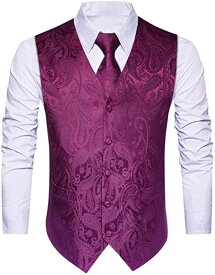 パープル ベスト メンズ スーツベスト紫 ビジネス 結婚式ベスト 紳士 6ボタン ネクタイ ポケットチーフ ジレ 男性 M