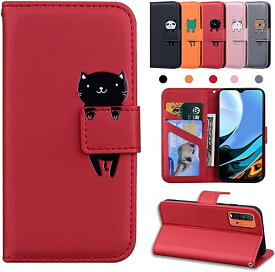 Xiaomi Redmi 9T ケース 手帳型 軽量 TPU 薄型 レザー スタンド 財布型 全面保護 傷防止 携帯ケース 放熱性 耐衝撃 高級 PUレザー 着脱しやすい マグネット式 カード収納 横置き スマホケース タイプ：赤猫