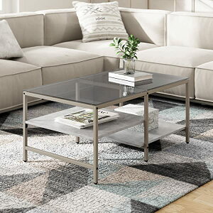 ローテーブル センターテーブル ガラステーブル 二段収納 強化ガラス 収納付き おしゃれ リビング 一人暮らし 幅100×奥行60×高さ45cm 岩グレー