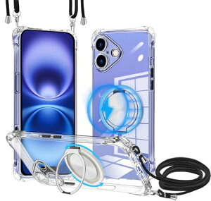 iPhone 16 Plus �P�[�X �N���A MagSafe360�x��]�X�^���h �����O�t�� ���C�����X�[�d �l�b�N �V�����_�[ iphone 16 plus �J�o�[ ���|�� ��|�� �΂߂��� �R�t�� �؍� �ϏՌ� �X�^���h�@�\ �c���������h�~