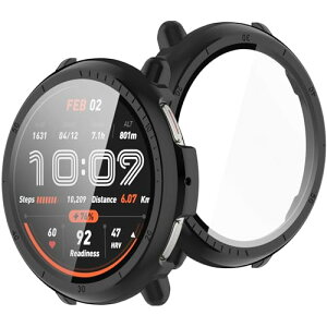 Amazfit Active 2 �J�o�[ Amazfit Active 2 �P�[�X 44mm �����^ PC+�K���X�f�� ��̌^ �S�ʕی� �����^ �����ȒP �ϏՌ� �����ߗ� �w��h�~ ���h�~ (�u���b�N)