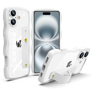 iPhone 16 Plus �P�[�X �N���A �X�^���h�@�\ �A�C�t�H�� 16 Plus �X�}�z�P�[�X �ϏՌ� �J�o�[ ���� �y�� ���^ ������� �l�C �X�g���b�v�z�[�� (�z���C�g)