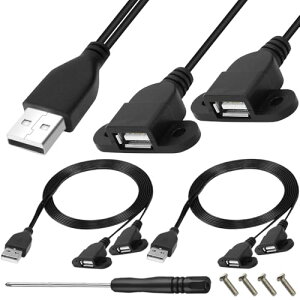 USB A 1-2 充電ケーブル ネジ穴付き USB 2.0充電ポート 1オス - 2メスパネルマウント充電器&電話用データ転送延長ケーブル (2パック) 送料無料