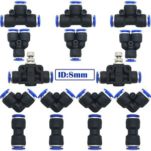 空気圧継手キット 16個 空気圧プッシュフィット継手 ワンタッチ 管継手 エア ホース ジョイント 8mm PU/PE/ナイロンパイプに適しています (Y + T + L + Iタイプ+パイプスロットルバルブコンボ)