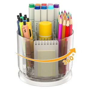 ペン立て 2個セット 360度回転 大容量5グリード分類 透明クリア 多機能 文房具 化粧品収納ボックス 省スペース オフィス 家庭用 学校対応 回転式卓上収納(2個)