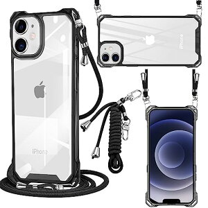 iPhone 12 ケース クリア PC iPhone 12 Pro ケース ショルダー 軽量 耐衝撃 カバー アイフォン12 12Pro ケース PC背面 + TPUバンパー 二層構造 携帯ケース 首掛け 肩掛け 落下防止 衝撃吸収 (ブラック) 送