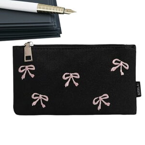 ペンケース 筆箱 19*11cm ペン入れ 大容量 リボン刺繍 学生 大人 オシャレなペンケース 韓国風 文具屋 学校 ピンクブラック シンプルなペンケース 送料無料