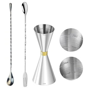 メジャーカップ 30ml / 45ml バースプーン 30cm 3点セット 目盛り付き カクテル ジガーカップ ウイスキー 計量用 酒量器 ステンレス鋼 鏡面仕上げ カクテルセット シルバー