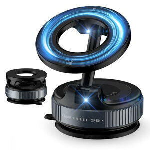 車載 スマホホルダー マグネット 車 スマホスタンド 真空吸盤 magsafeホルダー 超強力磁石 360°回転な台座 折りたたみ式 安定性拔群 多角度自由調節 iPhone&Android多機種対応 ブラック