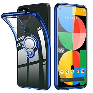 Google Pixel 5a ケース リング ピクセル 5a スマホケース クリア リング付き 青 スタンド機能 透明 tpu スリム 耐衝撃 一体型 横置き カバー メッキ加工 ブルー 送料無料