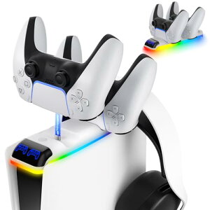 新型PS5 / PS5 コントローラー 充電スタンド 2.5時間急速充電 2台同時に 11種類RGBライトモ一ド PS5 Slim本体上部に設置 ヘッドホン収納 省スペース 取付簡単 TPYE-C充電ケーブル付き