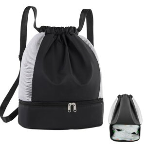 プールバッグ レディース ナップサック 水泳バック スポーツバッグ 乾湿分離 大容量 防水 軽量 背負えて 肩掛けもできて 手でも持てる 3WAY 巾着袋 シューズ収納可能 アウトドア 水泳 登山 運