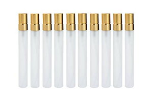 アトマイザー 霧吹き スプレーボトル アロマボトル プッシュオン ミニボトル アロマオイル用瓶 香水瓶 遮光瓶 擦りガラス 半透明 (ゴールドトップ 10ml 10本セット) 送料無料