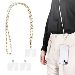 スマホストラップ ネックストラップ チェーン 携帯ストラップ 首掛け 肩掛けストラップ 金属 レザー 紛失/落下防止 忘れ物防止 タグパッチ2枚入り ホワイト 送料無料