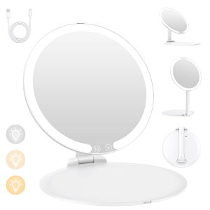 女優ミラー ライト付き 化粧鏡 折りたたみ USB-C充電式 20cm 寒暖自然色調節 明るさ調節 角度調節 卓上ミラー 旅行用 持ち運びに便利