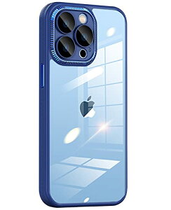 iPhone13 pro ケース クリア シリコン 耐衝撃 薄型 カメラカバー付き 強化ガラスフィルムレンズ保護 可愛い 透明アクリル背プレート オシャレなメッキ金属リング 黄変防止 ネイビーブルー 送料