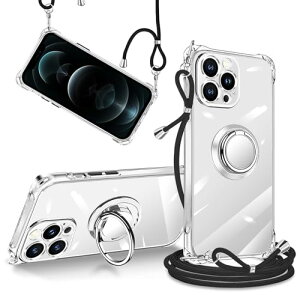 iPhone 12 Pro ケース クリア 透明 リング付き ショルダー 調節可能 肩がけ 首掛け 紐付き 斜めがけ スマホケース アイフォン 12 プロ ケース シリコン TPU ストラップホール付き 耐衝撃 傷防止 全