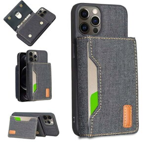 iPhone 15 Pro Max ケース 分離式 スタンド機能 両用 取り外し自由 車載ホルダー対応 デニムケース (ブラック) アイフォン15プロ マックス 財布型 カードケース 磁石吸着 名刺入れ 大容量収納 背面