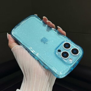 iPhone 16 Pro ケース 女性 女の子 男性用 クリア グリッター カーリーウェーブ フレーム iPhone 16 Pro かわいい スマホケース ブルー 送料無料