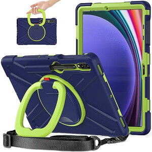 Galaxy Tab S10+ / S9 Plus / S9 FE Plus / S8 Plus / S7 FE / S7 Plus ケース 耐衝撃 頑丈 360度回転スタンド ハンドル付き 虹色 ペンシル収納 調節可能ハンドストラップ 肩掛け 落下防止 アウトドア 子供 ネイビ