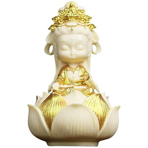 ミニ 観音像 観音菩薩 置物 可愛い インテリア 仏像 ココヤシの果実 観音様 ギフト 仏壇 ボックス付きき(金色の輪郭・台座付)