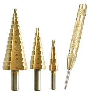 ステップドリル 4点セット ドリル ビット タケノコドリル 竹の子ドリル 4-20mm 4-12mm 3-12mm 六角軸 セット チタンコーティング HSS鋼 金属加工 木工 プラスチック 樹脂 タケノコビット穴あけ (4-32m