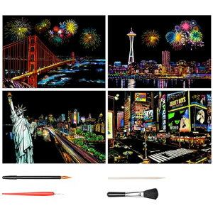 スクラッチアート 4枚入 スクラッチ極細ペン付き 21 29cm A4サイズ スクラッチペーパー レインボー絵 夜景 花火 観覧車 花畑 彫刻アート DIY 削るだけで美しいアート 部屋飾り (アメリカシリー