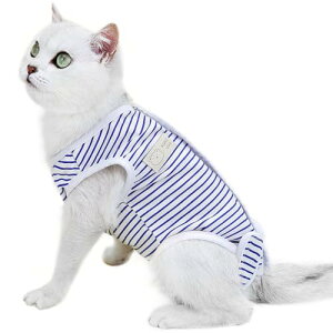 猫 術後服 猫用 ペット術後ウェア ペット猫去勢服 猫の産後服 手術着 舐め防止離乳服 ストライプ猫去勢服 皮膚保護 手術用 男の子 女の子 兼用 (ブルー M) 送料無料