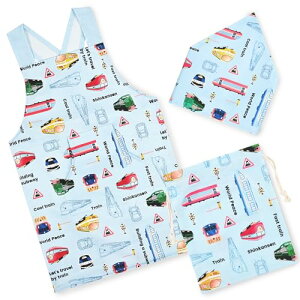 キッズエプロン 子供 エプロン 新幹線 電車 ライトブルー 三点セット 三角巾つき 巾着袋付き ポケット付き かぶるだけ 着脱簡単 バッククロスエプロン 前掛け 防水コットン 給食エプロン 男