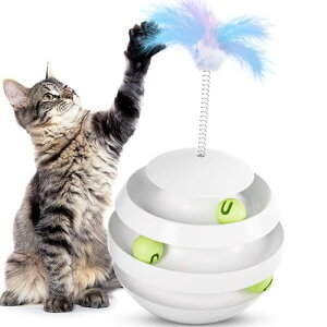 猫 おもちゃ 玩具 倒れない 回転ボール 羽の猫じゃらし付き 知育玩具 くるくる 運動不足対策 ストレス解消 インタラクティブおもちゃ 猫用品 ペット用品 グレー