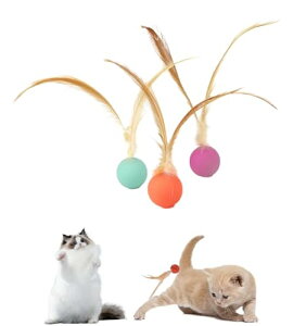 猫 羽付きボール おもちゃ 3枚セット シリコン製 高弾力 フェザーボール 一人遊び ストレス解消 運動不足対策 室内用 猫のおもちゃ 人気 ネコ ボール プレイタイム (ピンク+オレンジ+ブル