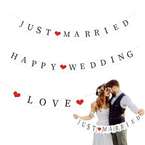 結婚式用ガーランド 3点セット Happy Wedding /Just Married /Love 3種類 ウェルカムスペース 装飾 誕生日 壁飾り 記念日 受付 前撮り 会場飾り パーティー お祝いに最適な結婚式小物 リボン付き 送料