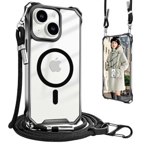 �������� iPhone 15 Plus �P�[�X �N���A �V�����_�[ MagSafe �}�O�l�b�g �A�C�t�H�� 15 Plus �J�o�[ ���^ �y�� TPU �R�t�� �l�b�N�X�g���b�v �΂߂��� �X�g���b�v�t�� ���������\ ���O���\ ����