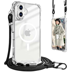 iPhone 16 �P�[�X �N���A �V�����_�[ MagSafe �}�O�l�b�g �A�C�t�H��16 �J�o�[ ���^ �y�� TPU �R�t�� �l�b�N�X�g���b�v �΂߂��� �X�g���b�v�t�� ���O���\ (iPhone 16 �N���A) ��������