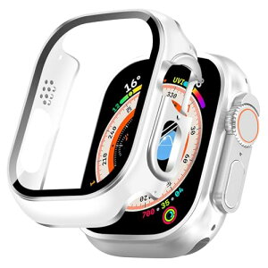 Apple Watch Series 9 / 8 / 7 45mm �P�[�X PC�f�� ���b�L���H Apple Watch �J�o�[ �K���X�t�B���� ��̌^ �A�b�v���E�H�b�` �P�[�X �S�ʕی� ���ϋv �����ߗ� �����ȒP (45mm,����̌���̃z���C�g+�V���o�[