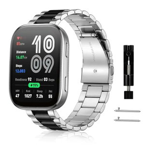 Amazfit Bip 6 / Amazfit Bip 5 / Bip 5 Unity �x���g 22mm �o���h �X�e�����X�� �����o���h �����x���g �ւ��X�g���b�v �h�K �������t�� �r�W�l�X�� �j�����p - �u���b�N+�V���o�[