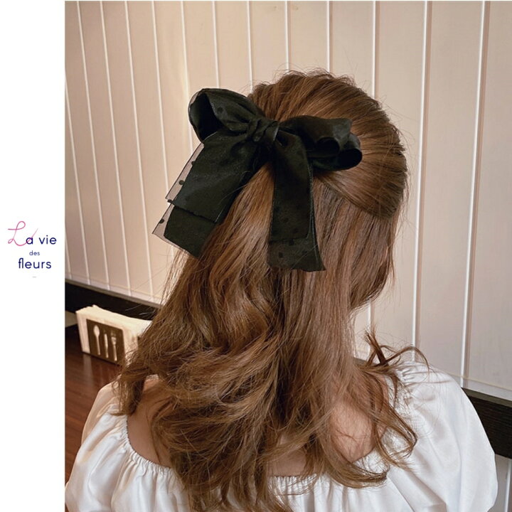 ❤️大人気❤️大きめ シフォン バレッタ 髪飾り りぼん ブラウン パール 通販