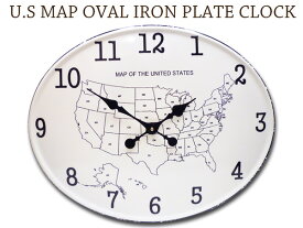 US MAP ウォール クロック (W49cm) 壁掛け時計 オーバル アイアンプレート 大きい 時計 楕円 ガレージ ビンテージデザイン アメリカ地図 マップ 塩系 インダストリアル インテリア アメリカン雑貨