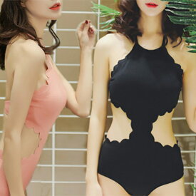 ハイネック スカラップカット モノキニ 水着 レディース カップ付き ワッフル生地 アメリカンスリーブ ブラック/ピンク M/L/XL