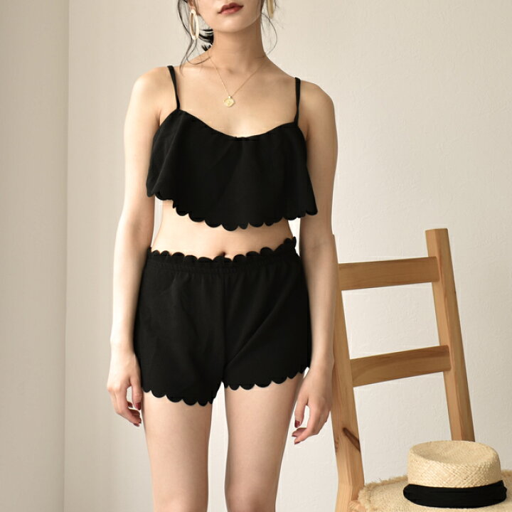 楽天市場 3点セット スカラップ ショートパンツ付き バンドゥ ビキニ 水着 レディース カップ付き フリル ブラック M L Xl The Useful Stand