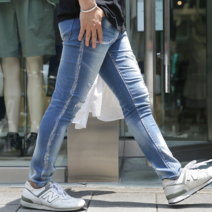 glamb ポリウレタン5%強ストレッチ ペンキ ダメージ加工デニム 