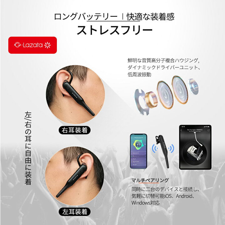楽天市場 5倍ポイント Lazata Bluetooth イヤホン 片耳 日本語音声 Aptx Hd対応 デュアルマイク ノイズ低減設計 2台同時接続 着脱式と耳掛両用 左右耳兼用 13 16時間連続通話 Usb Type C快速充電 高感度マイク内蔵 ハンズフリー通話可ios Android Windows対応可