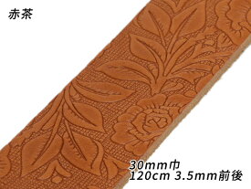 【在庫処分品】DAKOTA 型押しベルト ボタニカル 赤茶 30mm巾×120cm 3.5mm前後[レザークラフトぱれっと] レザークラフトベルト 30mm巾