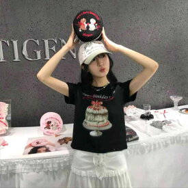 レディース 半袖 Tシャツ ケーキ柄 プリント トップス カジュアル かわいい コットン 素材 春夏 普段使い 軽量 伸縮性