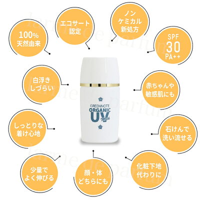 楽天市場 2個以上で送料無料 日焼け止め ミルク オーガニック化粧下地 公式認定ストア Greennote グリーンノート オーガニック Uvミルク Spf30 Pa 30ml Uvケア 紫外線対策 日焼け止め乳液 メイク下地 エコサート認証 子ども 赤ちゃん 敏感肌 母の日 美容