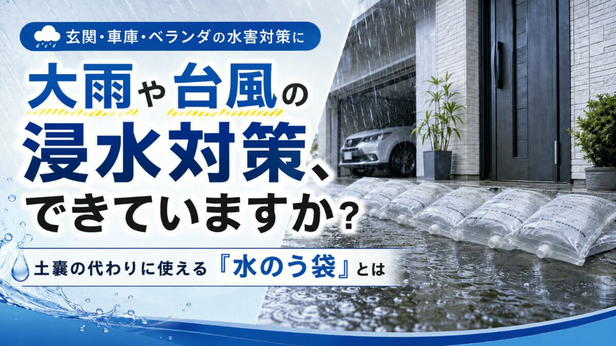 大雨や台風の水害対策・浸水対策におすすめの水のう袋。土嚢の代わりに玄関・車庫・ベランダで使える防災グッズ。