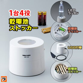 1台4役 電池ストッカー 電池ホルダー 電池チェッカー 電池 バッテリーチェッカー 電池残量チェッカー 単3 単4 電源不要 アルカリ 乾電池 電池収納ケース 残量 テスター 電池残量測定器 電池残量計 ledライト スマホ 充電 防災グッズ