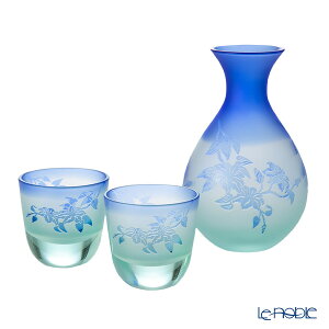 太武朗工房/タブロー 彫刻硝子 夢柄子 鉄線紋 酒器三点揃 グリーン/ブルー 盃55ml 徳利210ml 4110S /// 徳利 おちょこ セット 青 冷酒器 日本酒 ガラス 高級 おしゃれ 日本製 晩酌 男性 // ギフト